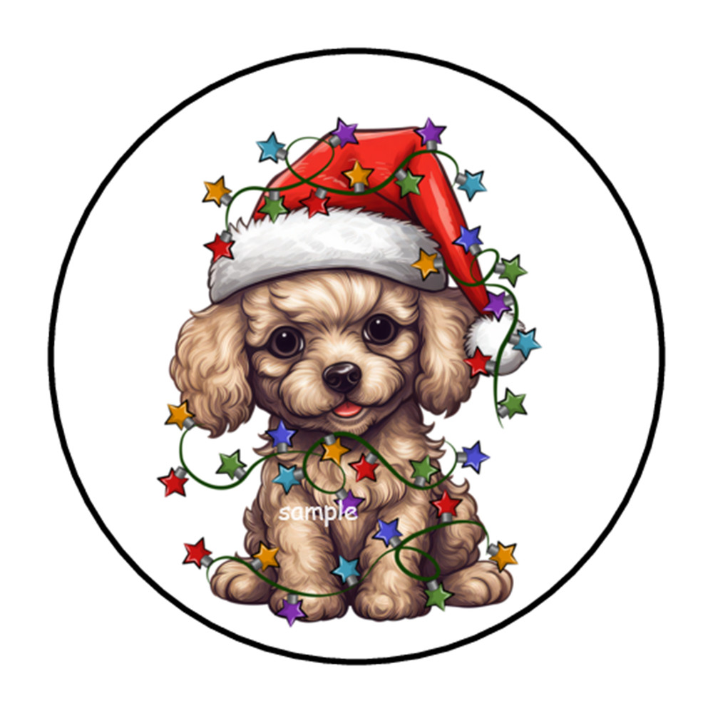 30 CHRISTMAS POODLE STICKERS ENVELOPE SEALS LABELS 1.5″ ROUND PUPPY DOG
