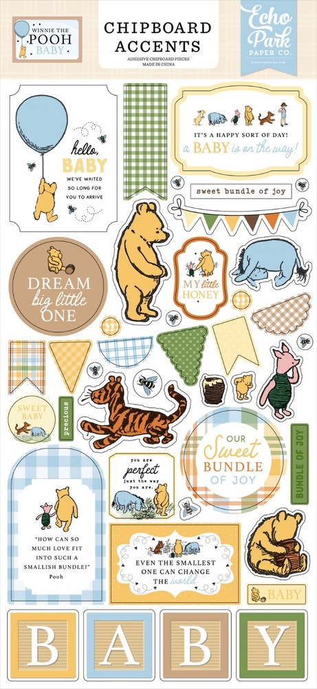 New! Echo Park Paper WINNIE THE POOH BABY 6×13 Sheet Adhesive Chipboard Accents