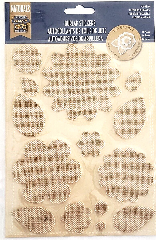 LITTLE YELLOW BICYCLE Naturals BURLAP STICKERS – FLOWERS & LEAVES – 14 pcs