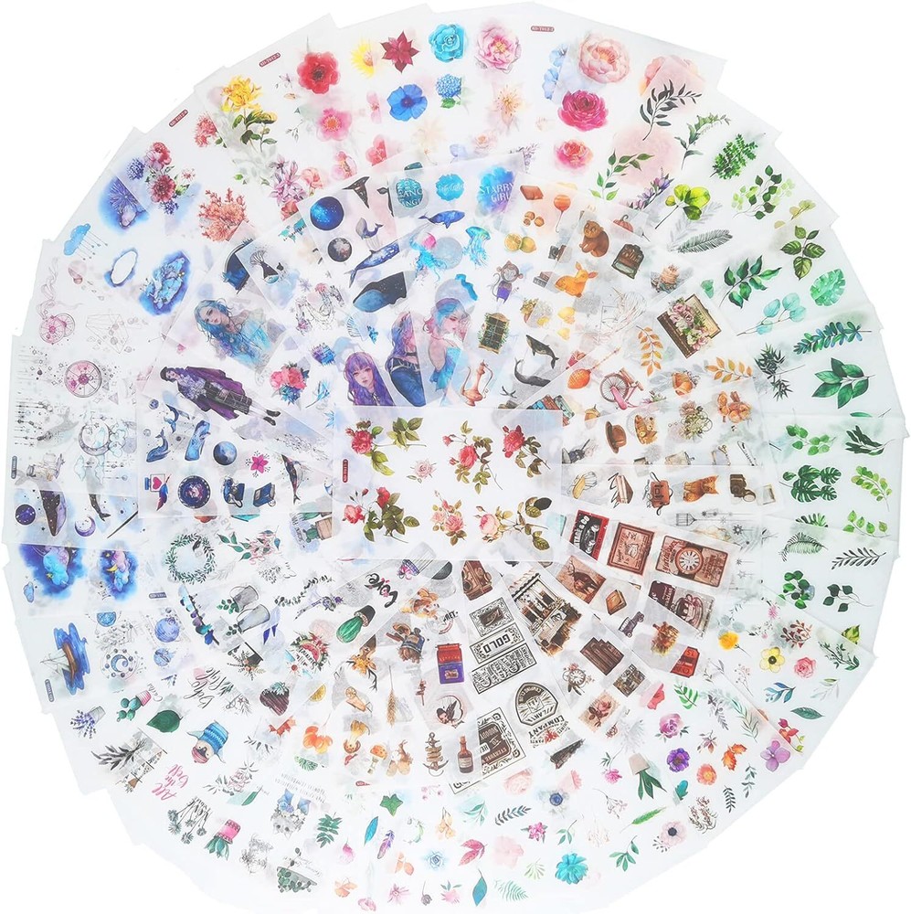 48 Sheets Watercolor Fantasy Scrapbook Washi Paper Stickers Set for Junk Journal