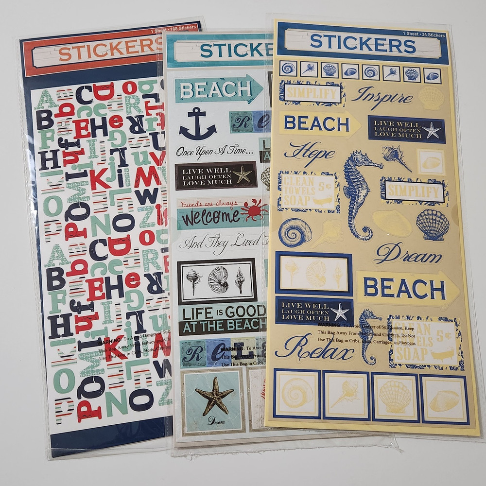 NEW Lot 3 BEACH VACATION Scrapbook Stickers Shells Anchors Sea Horse Alphabet -F