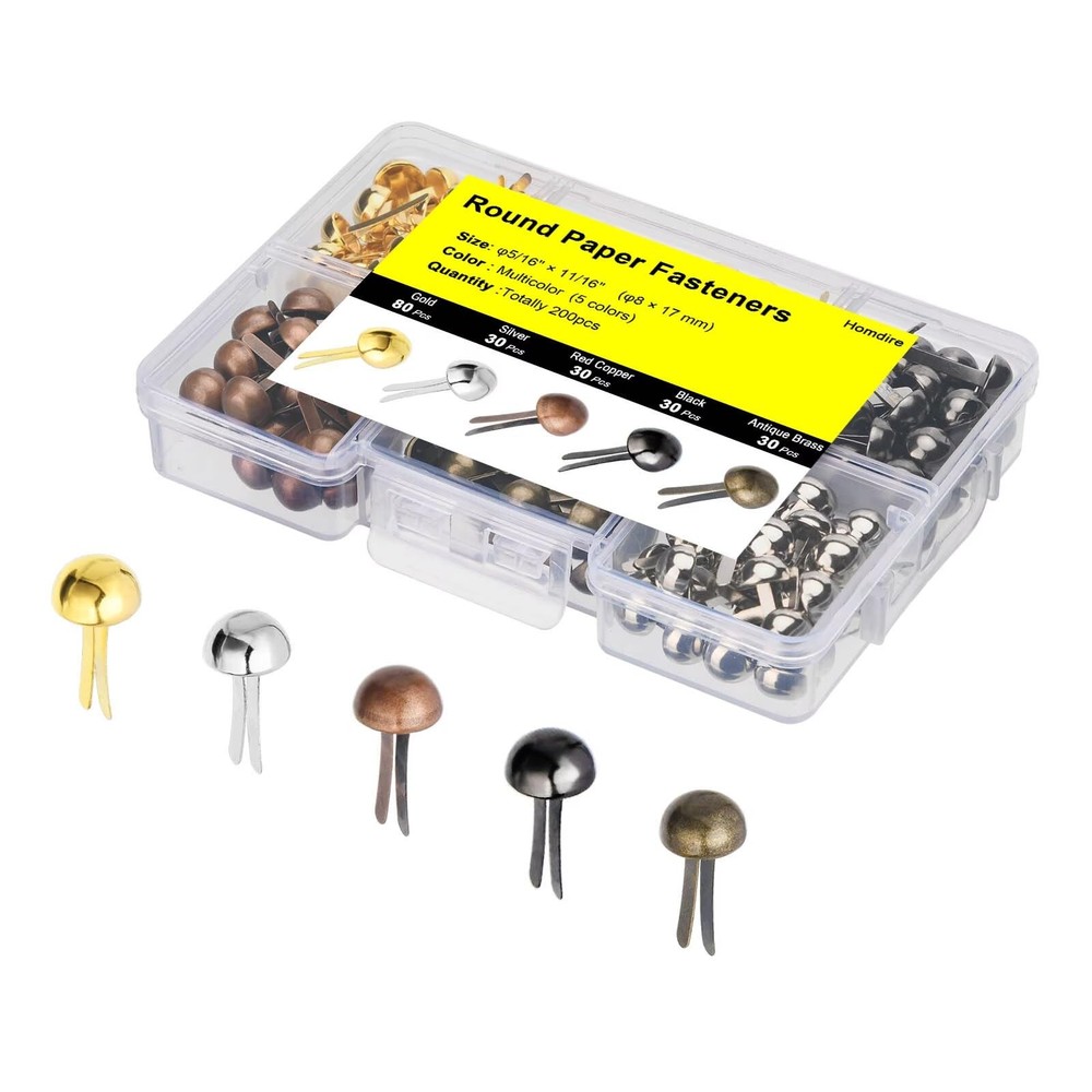 200Pcs Multicolor Metal Paper Fasteners | 8x17mm | Durable Brass Brads