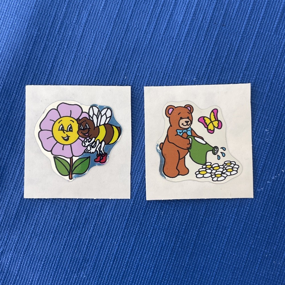 Vintage Rare 1980s Foil Stickers Bear Watering Flowers And Bee Smiling Flower