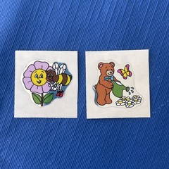 Vintage Rare 1980s Foil Stickers Bear Watering Flowers And Bee Smiling Flower