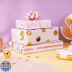 LeZakaa Pink Wrapping Paper Roll, Pink Metallic Gold Foil Polka Dot Gift Wrap