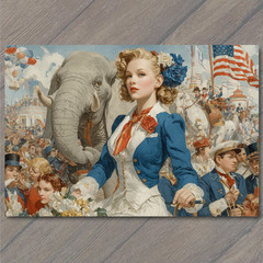 STICKER Parade Woman Blue Suit Elephant Crowd Flags Flowers Carnival USA