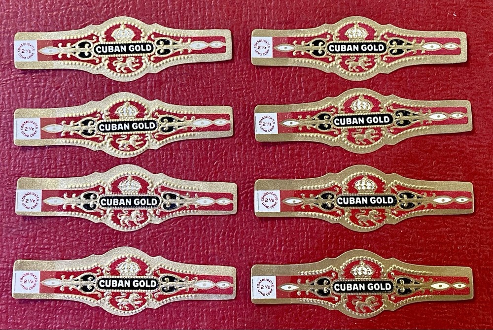 Set of 8 1920s Cuban Gold Cigar Bands – Embossed Gold Gilt – Pristine NOS