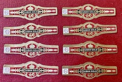 Set of 8 1920s Cuban Gold Cigar Bands – Embossed Gold Gilt – Pristine NOS
