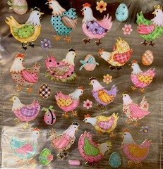 Stickers Chickens in Plaid Clothes Eggs Nest Flowers Bows Gold Foil Trim Hens