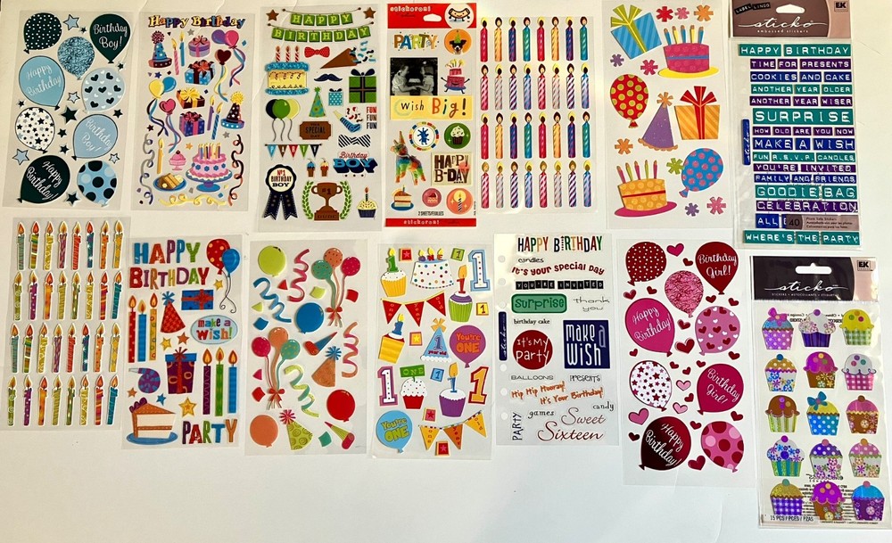 Sticko Stickers, Birthday Theme Lot, Mostly Loose sheets, 14 Sheets, NICE LOT!