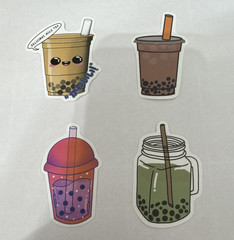 Bubble Tea Boba Drink Stickers Set, Multicolor Food & Drink Theme (4 pcs)