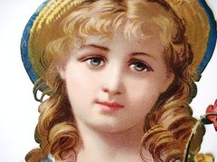 Large Beautiful Die Cut of Girl Holding Flowers Wearing Straw Hat w/Blue Bow *