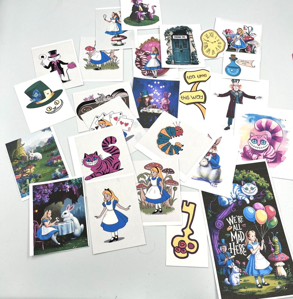 25 Pc ALICE IN WONDERLAND Supplies Kit For Junk Journal Scrapbook Card Toppers