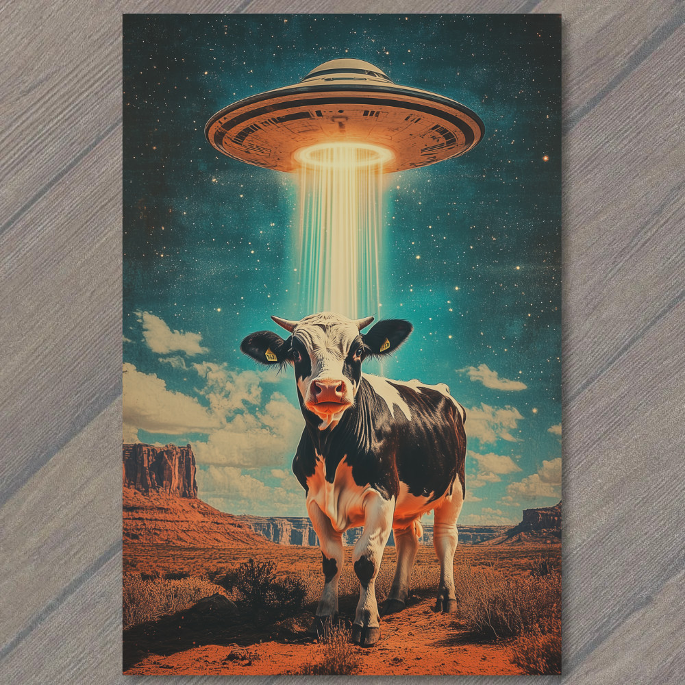 STICKER UFO Cow Abduction Retro Sci-Fi Alien Spaceship Beam Invasion Classic