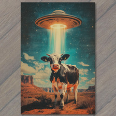 STICKER UFO Cow Abduction Retro Sci-Fi Alien Spaceship Beam Invasion Classic