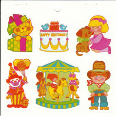 Eureka Vintage Happy Birthday Stickers Carousel Clown Cake Kitten Cowboy Puppy