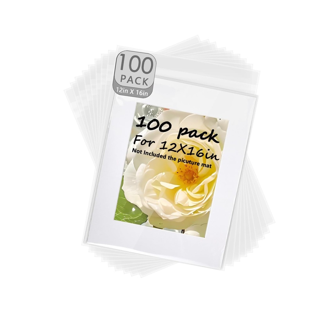 100 PCS 12 2/5 X 16 5/9 Inch Clear Plastic Bags Sleeves Fits 12×16 Photo Mats