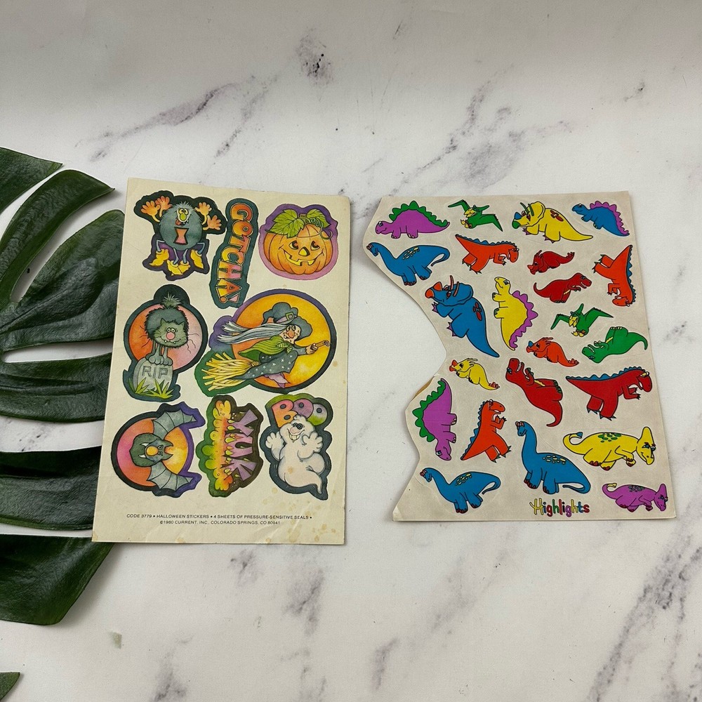 Vintage 80s Sticker Sheets Current Highlights Halloween Witch Cat Rainbow Dinos