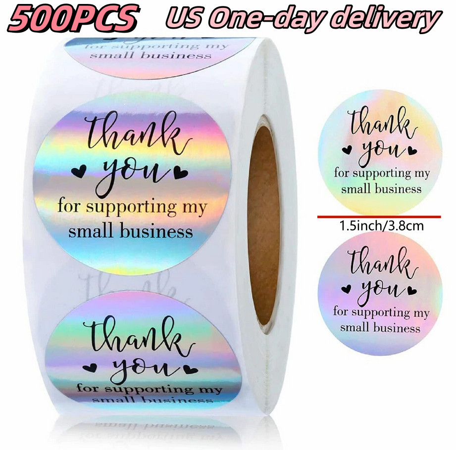 1 Roll-500pcs 1.5» Rainbow Stickers Thank you Holographic Round Sealing Labels