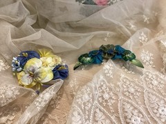 2 Vintage Ribbonwork Flowers Yellow, Blue & Green Silk Satin Stamens