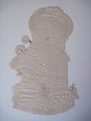 Large Beautiful Die Cut of Girl Holding Flowers Wearing Straw Hat w/Blue Bow *