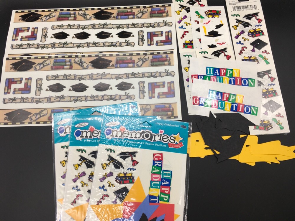 Graduation lot of 200+ Stickers and Die cuts in 3 hole plastic sleeve