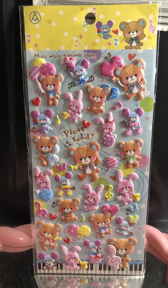 Japan Kawaii Picot Teddy Rabbit Mouse Puffy 3D Sticker Vintage Rare Htf