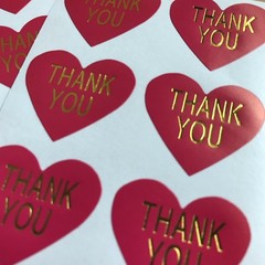 50 Heart Shaped Thank You Stickers On Glossy Hot Pink Paper With Gold Lettering