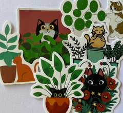 MANY CATS & PLANT ASSORTMENT Stickers(6pc)Kitten•Meow •Floral•Hiding•Peeking•Pet