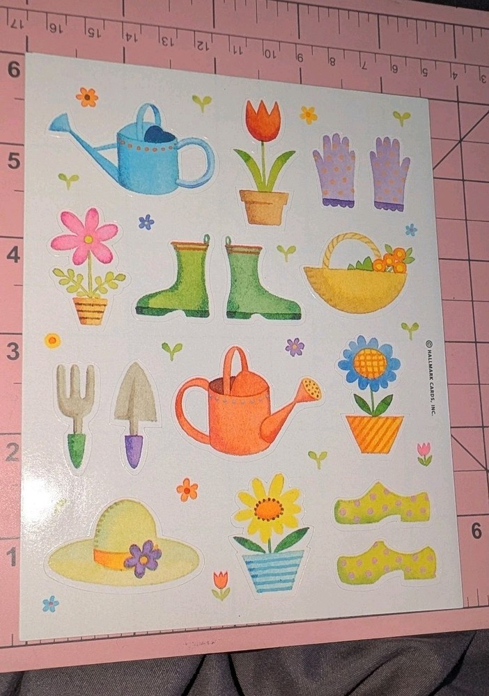 Vintage Hallmark Stickers Gardening Tools Gloves Plants Watering Can 1 Sheet