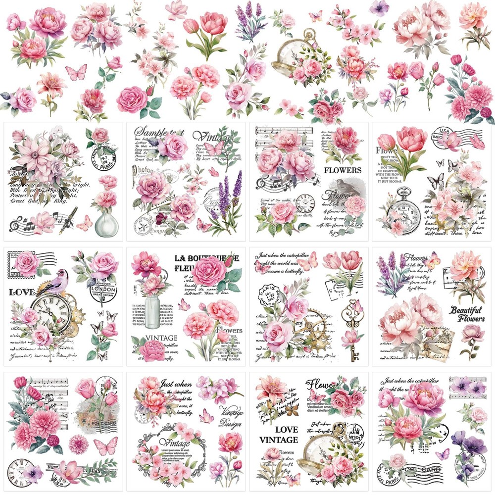 Vintage Floral Rub on Transfers for Crafts: 8×10 inches, Pink Flower