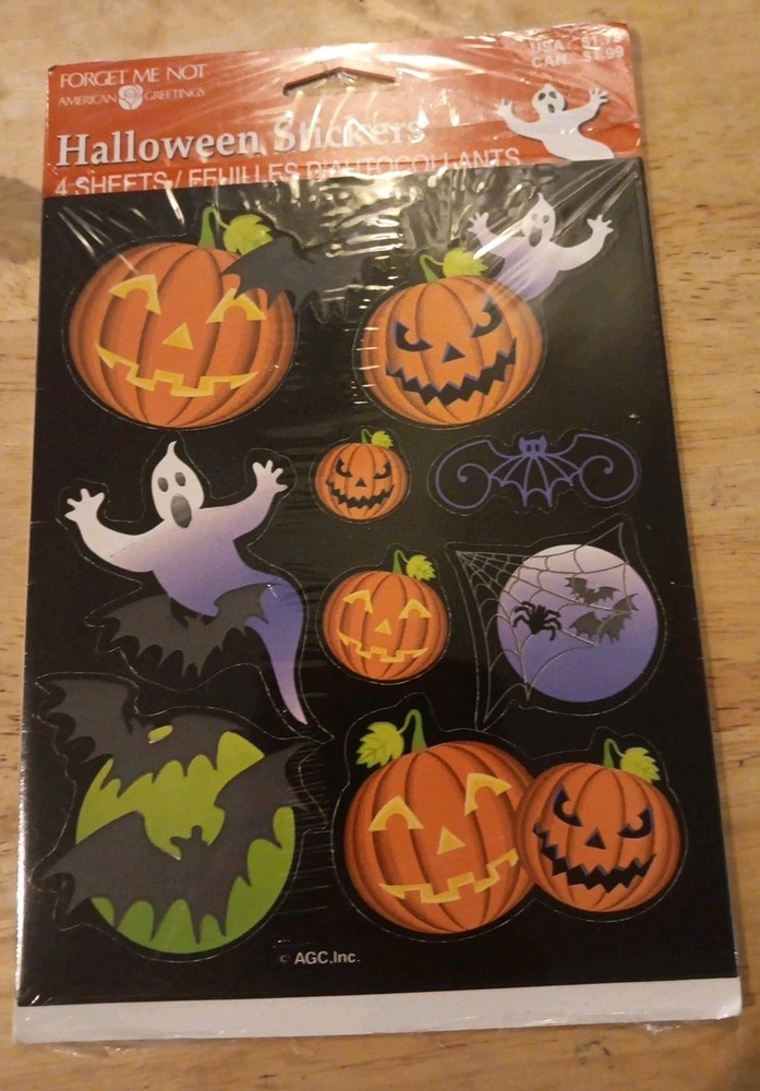 Vtg AGC Halloween Sticker Seals Ghost Bats Spiders 4 Sheets 9 Design Sealed NOS