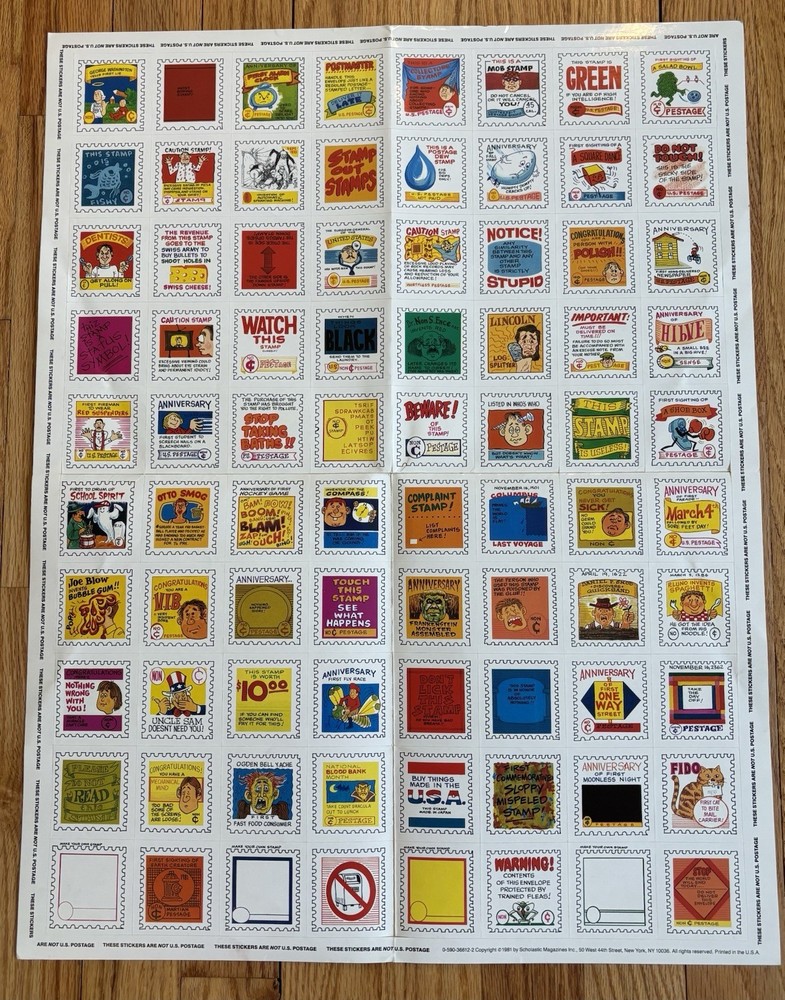 Vintage 1981 Scholastic Stamp Stickers Sheet Unused Humorous