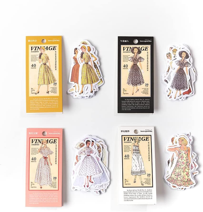 160 Pcs Vinyl Scrapbook Stickers Packs – Vintage People, Fashion, Lady, Sewing,
