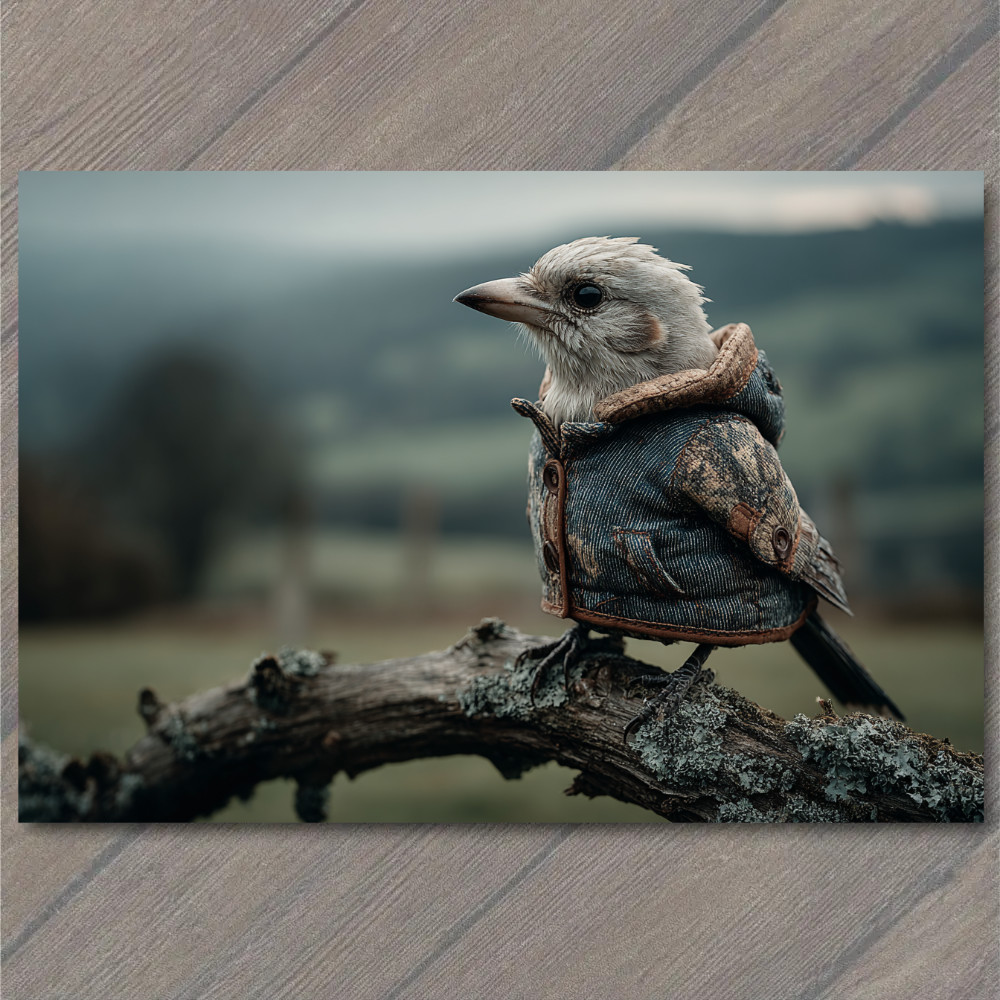 STICKER Bird Perched Tree Branch Wearing Tiny Jacket Woodland Autumn Mood
