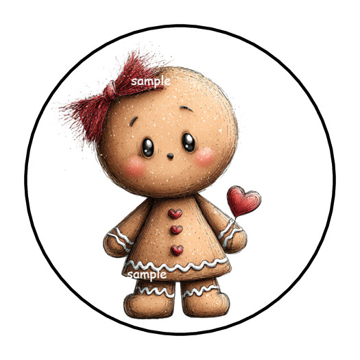 WHIMSICAL GINGERBREAD GIRL STICKERS, ENVELOPE SEALS, LABELS, 1.5″, (30) FAVORS