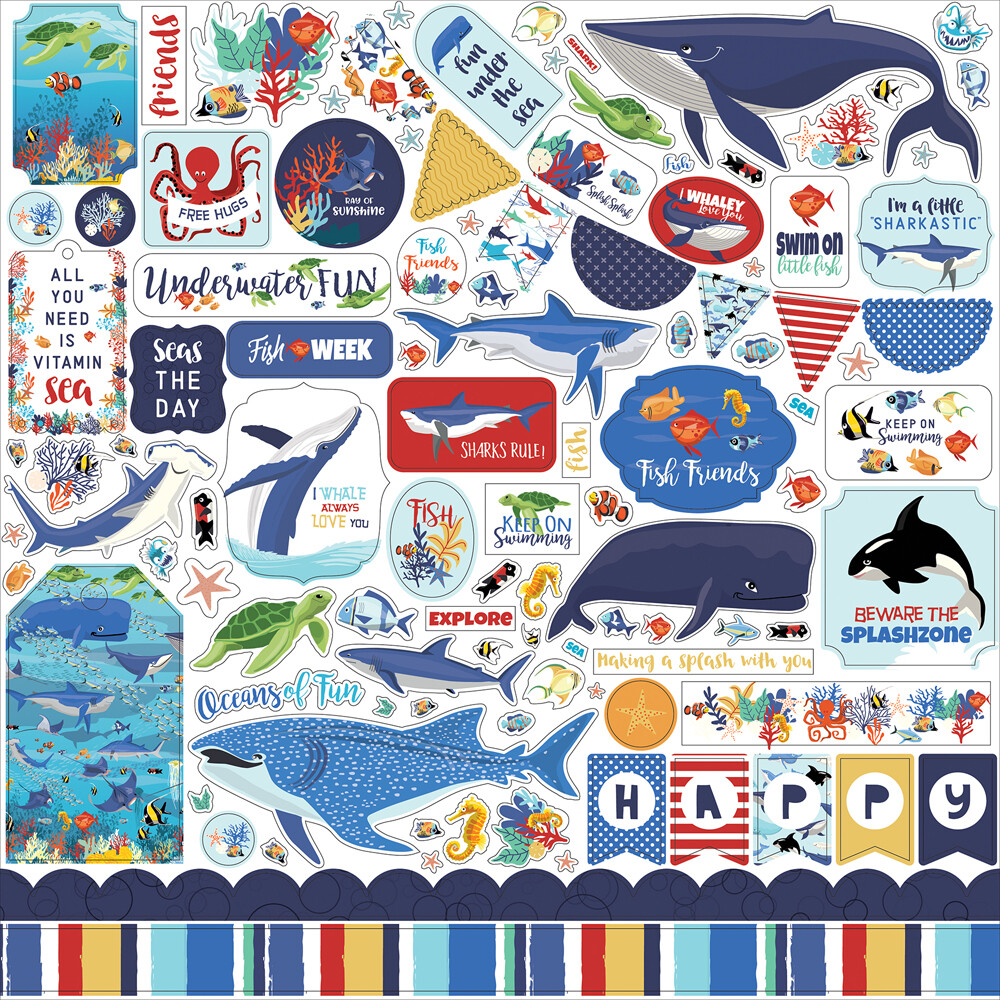 12×12 Sheet of Carta Bella Paper FISH ARE FRIENDS Scrapbook Element Stickers