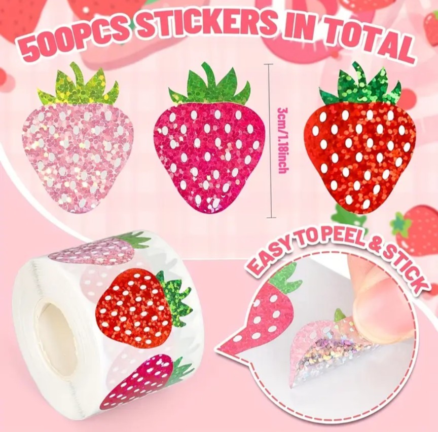 500 pcs Sticker Seals Roll Colorful Sparkly Foil Strawberry Self Adhesive NEW!!!