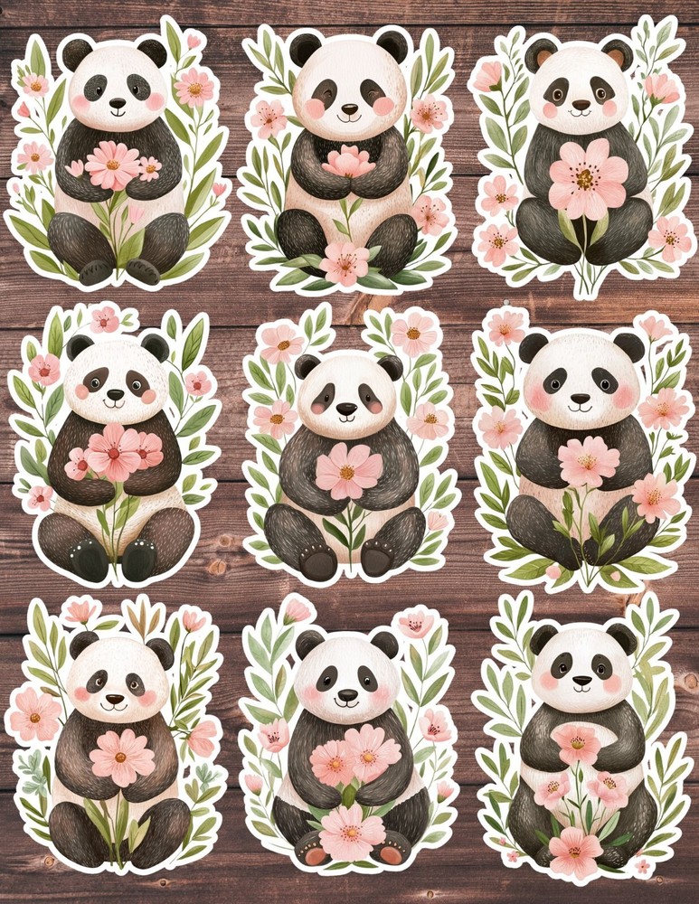 Panda With Pink Flowers Die Cut Vinyl Stickers Scrapbooking Laptop Waterbottle