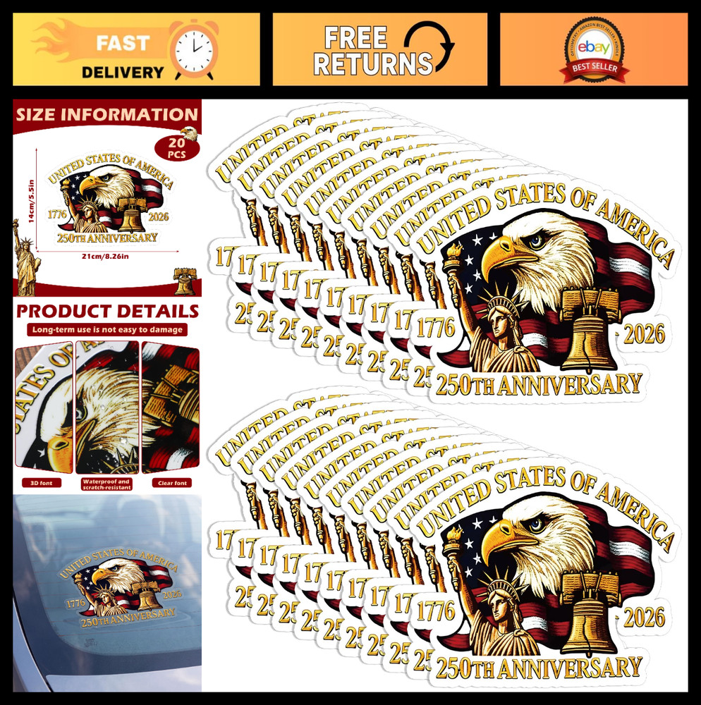 250th Anniversary Stickers – 20 Pcs American Flag Decals for Car, Window, Laptop