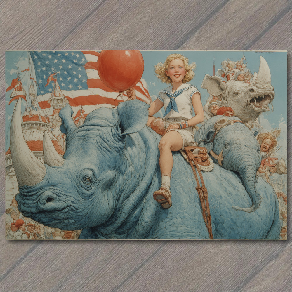 STICKER Girl Riding Blue Rhino Parade Crowd Red Balloon American Flag Joyful