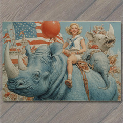STICKER Girl Riding Blue Rhino Parade Crowd Red Balloon American Flag Joyful