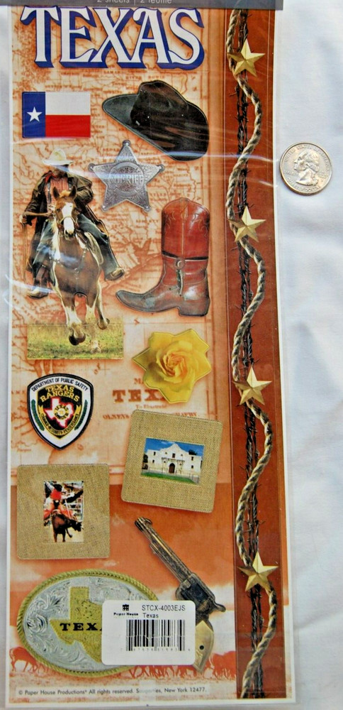 paper house cardstock stickers TEXAS revolver yellow rose cowboy flag boot hat