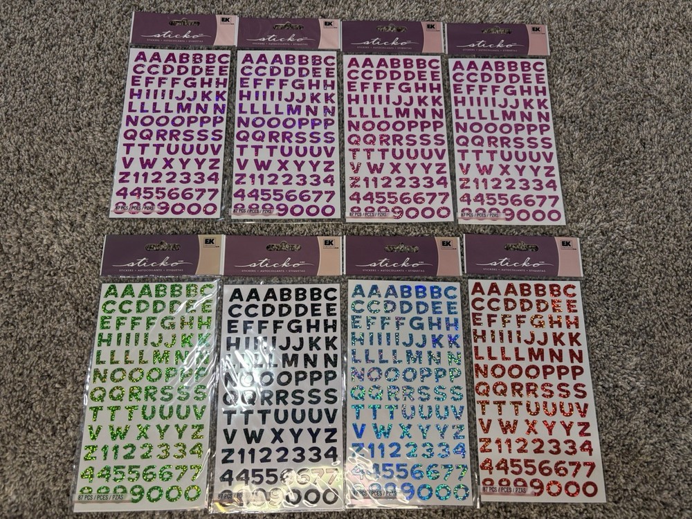 Lot Of 8 NEW Craft/scrapbooking Sticko Metallic Letters-pink/blue/green/orange