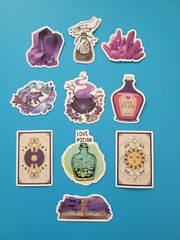STICKERS x 10 Halloween Love Potion Witch Book Purple Crystal Vinyl Sticker HAL6