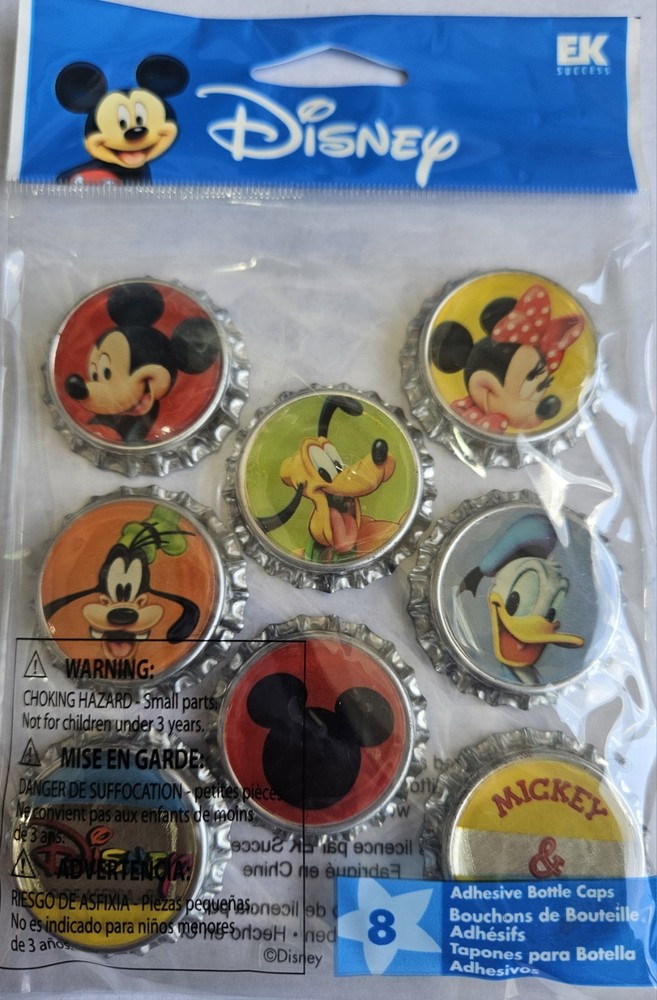 Disney Mickey Friends 8 Adhesive Bottle Caps Stickers Goofy Pluto Minnie Donald