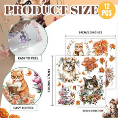 12 Sheets Animals and Flowers Rub on Transfers for Crafts, 12 Styles Cats and Fl