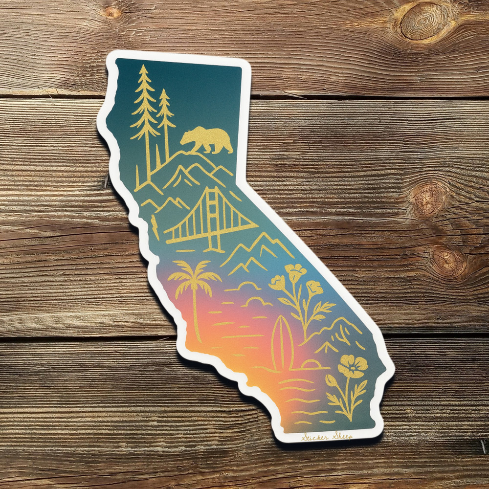 Radiant California Sticker – Golden Foil Sunset Bear Surf Bridge Decal