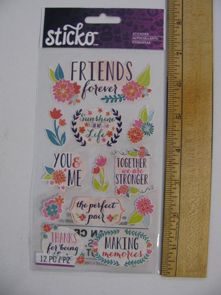 Sticko Stickers FRIENDS You & Me Sunshine Together Forever Flowers 12 Pieces NOS