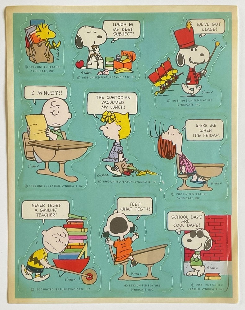 Vintage PEANUTS CLASSROOM/SCHOOL STICKERS Single Sheet Snoopy/Charlie Brown